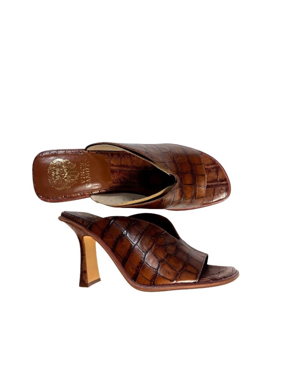Vince Camuto Mershid Brown Croc-Embossed Leather Open-Toe Heels Size 6M